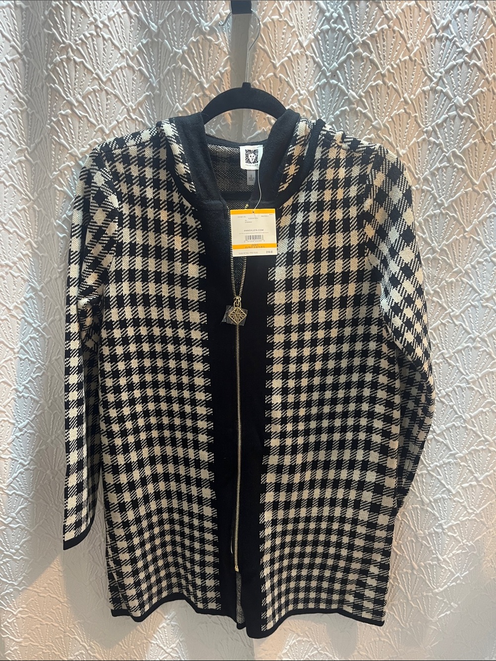 NWT Anne Klein Hooded Monochrome Houndstooth Cowl Neck Sweater